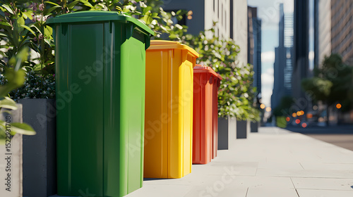 Colorful recycling bins lined up on a clean city sidewalk with modern buildings and greenery in the background.
