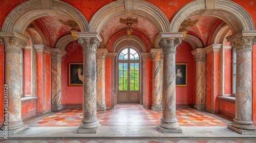 Elegant colonnaded hallway with arched ceilings and portraits