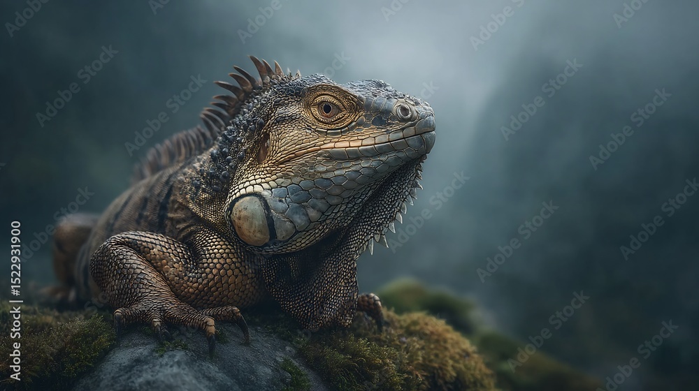 Fototapeta premium Close-up of a large iguana resting on mossy rock.
