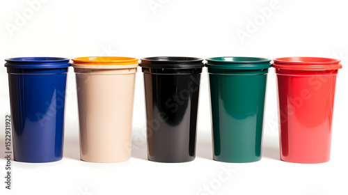 Five colorful plastic bins are lined up in a row on a white background.