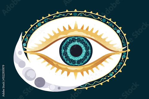 Mystic Eye with Crescent Moon Digital Art Illustration- Symbol of Intuition and Insight- Esoteric Spiritual Artwork for Meditation and Guidance- Stylish Design