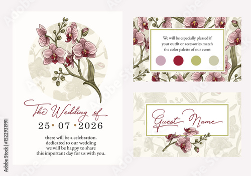 Botanical wedding invitation template, white orchid flowers and leaves. Template with highly detailed, vector, realistic spring flowers. Save the Date and RSVP collection.
