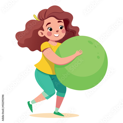 Happy Girl Holding a Large Green Ball, Smiling on a White Background
