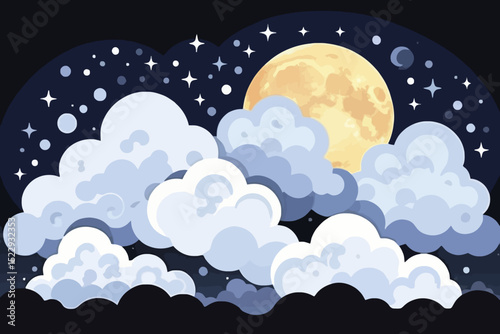Night Sky with Full Moon Shining Brightly Through Clouds-Starry Night Scene with Puffy Clouds and Glowing Moon-Beautiful Night Sky Illustration with Celestial Elements