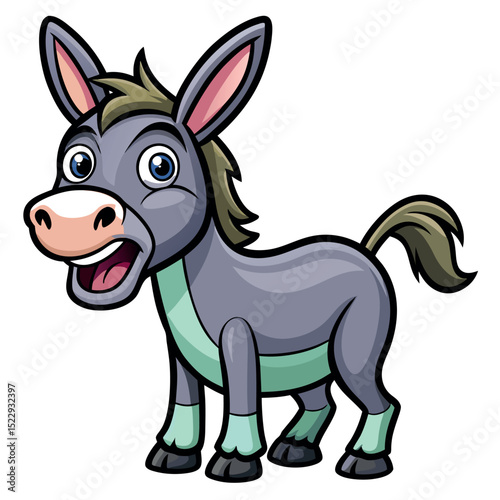 Happy Gray Cartoon Donkey Character with Green Details Standing on a Plain Background
