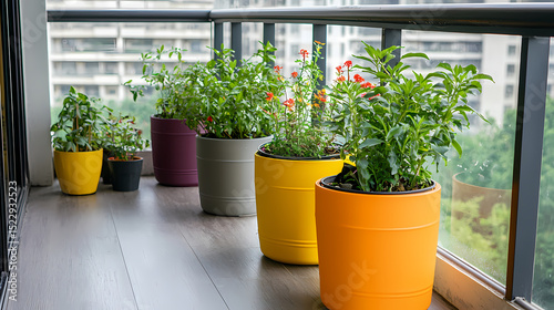 A row of colorful potted plants lines a balcony railing, overlooking a cityscape with greenery in the background.