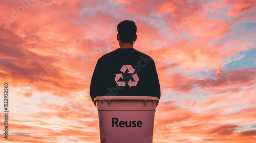 A person stands in a recycling bin labeled 