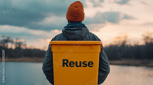 A person wearing a beanie holds a yellow recycling bin labeled 