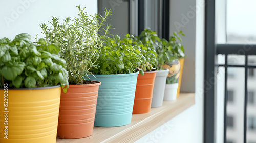 A row of colorful potted herbs sits on a windowsill, bringing greenery and freshness into an indoor space.