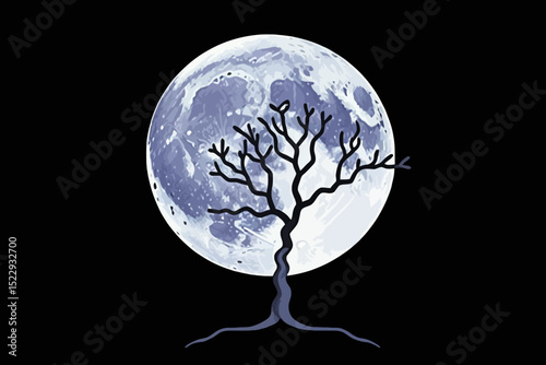 Spooky Tree Silhouetted Against a Full Moon - Eerie Night Scene with Bare Branches - Halloween Inspired Art - Dramatic Lunar Landscape Image