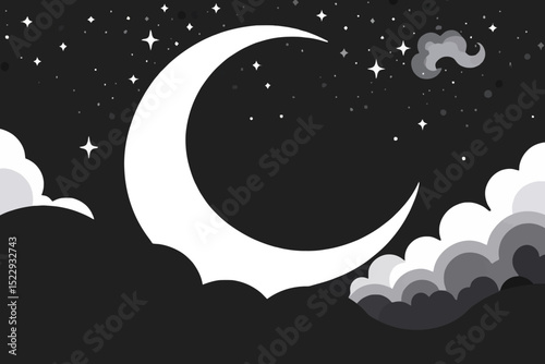 Stylized Crescent Moon and Starry Night Illustration-Black and White Celestial Scene-Dreamy Lunar Landscape with Clouds for Backgrounds and Designs
