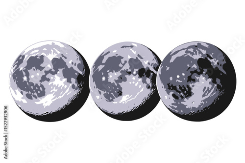 Three Full Moons Isolated on White Background - Detailed Lunar Surface Imagery - Astronomy and Space Exploration Concepts - Moon Phases Illustration