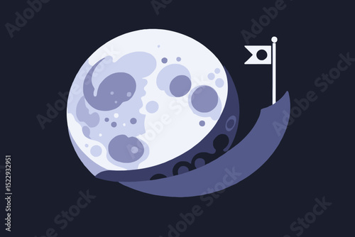 Vector Illustration of Moon Landing with Flag-Lunar Surface and Crater Details-Night Sky and Space Exploration Concept-Modern Flat Design Style Illustration