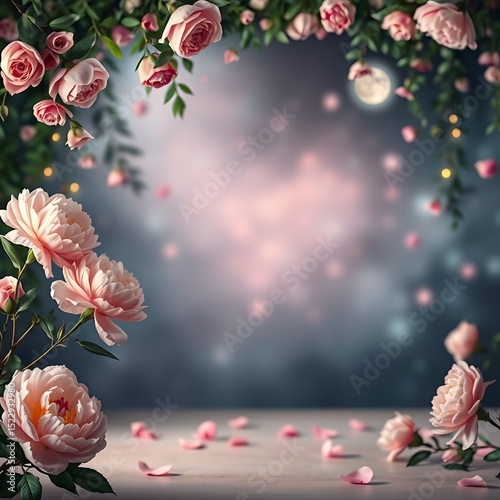 Enchanting pink roses and peonies underneath a serene night sky with a full moon