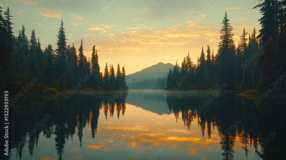 Fototapeta premium Serene lake sunrise reflecting forest