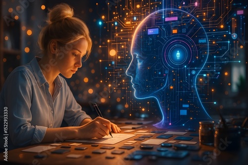 Blonde Woman Working on Creative Project with Artificial Intelligence Interface