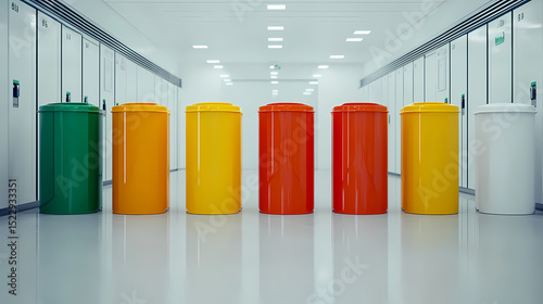 Colorful recycling bins lined up in a modern, clean hallway for organized waste management and sorting.