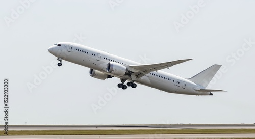 Boeing 787 Dreamliner Takeoff Side View - A pristine white Boeing 787 Dreamliner ascends during takeoff, showcasing its elegant design and powerful engines. This symbolizes travel, progress