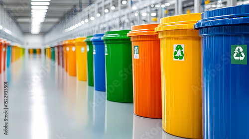 Colorful recycling bins lined up in a modern, clean facility, each labeled for waste separation and environmental sustainability.