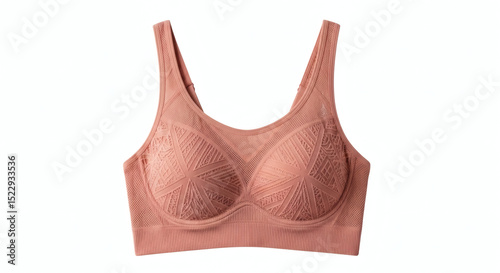 Elegant rose-colored sports bra with intricate lace detailing against a clean white background
