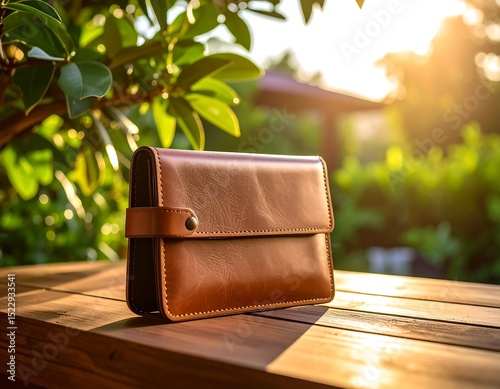 Brown leather wallet on wooden table