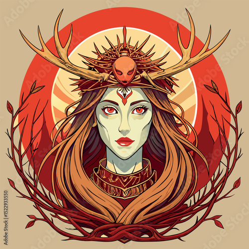 Illustration of Woman with Antlers, Headdress, Red Eyes, and Ornate Collar with Branching Vines