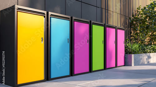 Colorful lockers with yellow, blue, pink, and green doors stand outdoors against a modern building facade.