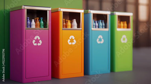 Colorful recycling bins with bottles and recycling symbols arranged side by side, promoting waste separation and environmental awareness.