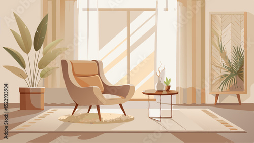 Subtle beige tones warm the minimal white space. A soft rug complements the pale curtains and sleek leather chair. Simplicity, comfort, and balance define the refined atmosphere.

