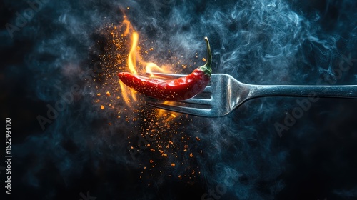 Fiery Chili Pepper on Fork, Smoke, Flames, Dark Background