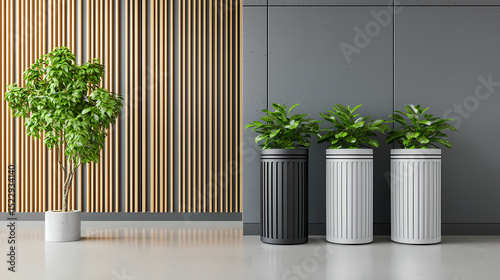 Modern interior with three potted plants in sleek planters and a leafy tree against a stylish, striped wall background.