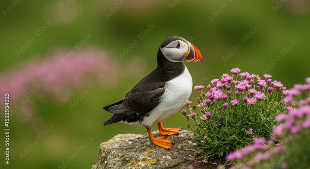 Naklejka premium Charming Puffin on Coastal Rock with Blooming Flowers - A charming puffin rests on a coastal rock amidst vibrant pink flowers, symbolizing wildlife, coastal beauty, springtime, serenity