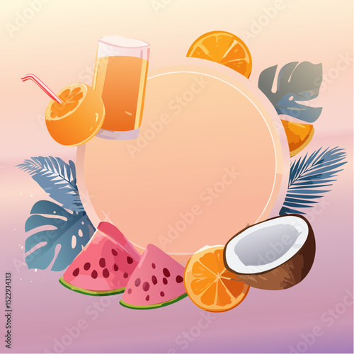 Colorful tropical mock up featuring a blank circular space surrounded by fresh fruits like watermelon, orange, coconut, and a refreshing drink, ideal for summer-themed designs