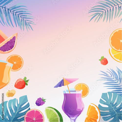 Colorful tropical cocktail illustration featuring vibrant drinks, fresh fruits, and palm leaves, creating a refreshing summer atmosphere with ample copy space for text