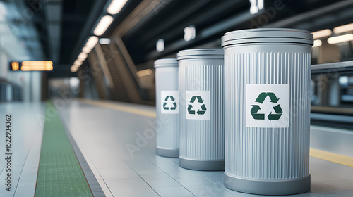 Three recycling bins are placed on a clean, modern train station platform, promoting environmental responsibility.