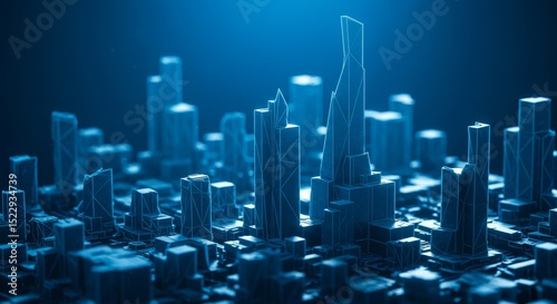 Cityscape at Night - Wireframe of a futuristic city at night, glowing with blue light. Modern architecture