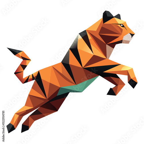 Leaping LowPoly Tiger Geometric Orange and Black Triangle Animal Illustration on White Background