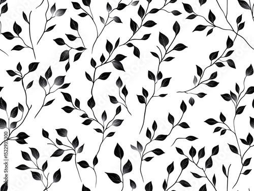 A seamless pattern featuring elegant black leaves and intertwining vines on a clean white background, creating a sophisticated botanical design.
