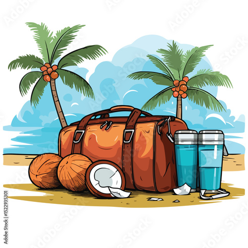 Professional Summer Travel Bag and Coconut Cocktail with Juice Vector Illustration