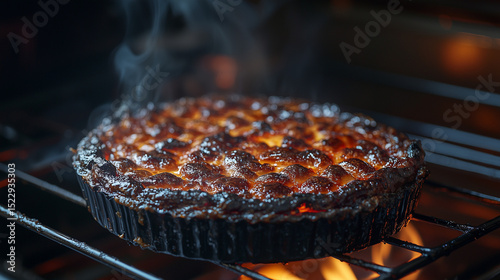 Burnt pie in the oven over an open flame.
