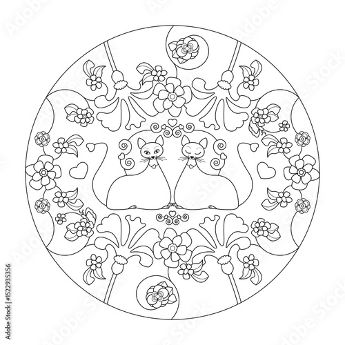 Mandala. Cats and Flowers.	