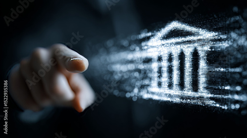 E-Governance: Digital services, businessman analyzing and monitoring technological infrastructure, data security, policy compliance, transparency, citizen engagement, efficiency.