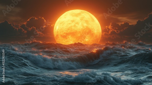 Fiery Moon Over Turbulent Ocean