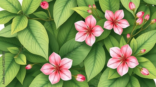 Vibrant pink flowers and lush green leaves botanical illustration
