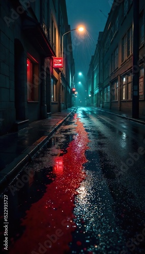 Rain-slicked city street at night, a single crimson stain spreading on the asphalt, nearby alley shrouded in shadow, ominous atmosphere , horror, urban