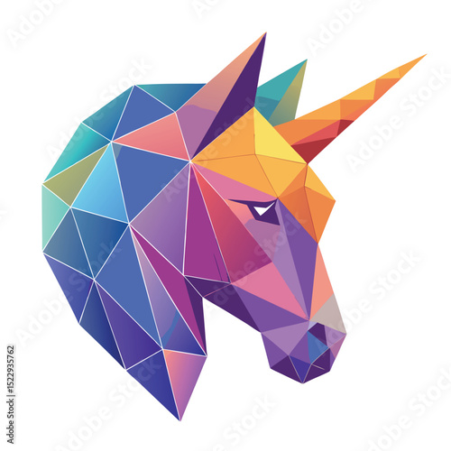 Low Poly Unicorn Head Illustration Geometric Design with Vibrant Gradient Colors on White Background