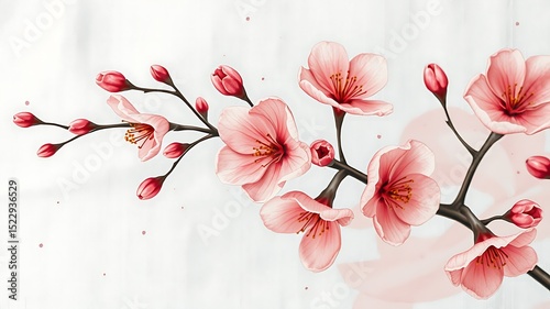 Delicate pink cherry blossom branch with buds and blossoms on white background
