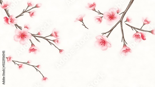 Delicate pink cherry blossoms on branches against a white background