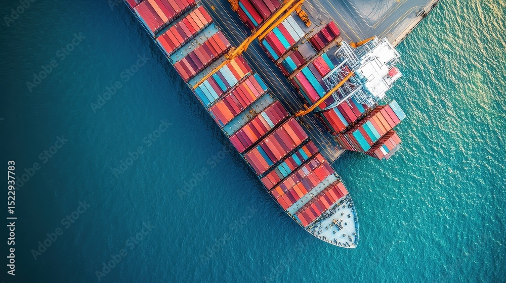 Fototapeta premium Container ship in import export and business logistic.By crane ,Trade Port , Shipping.cargo to harbor.Aerial view.Water transport.International.Shell Marine.Top view. 