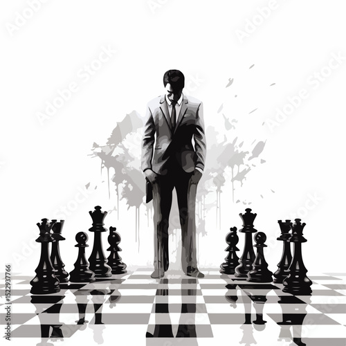 Strategic Businessman Holding Chess Piece in Black and White